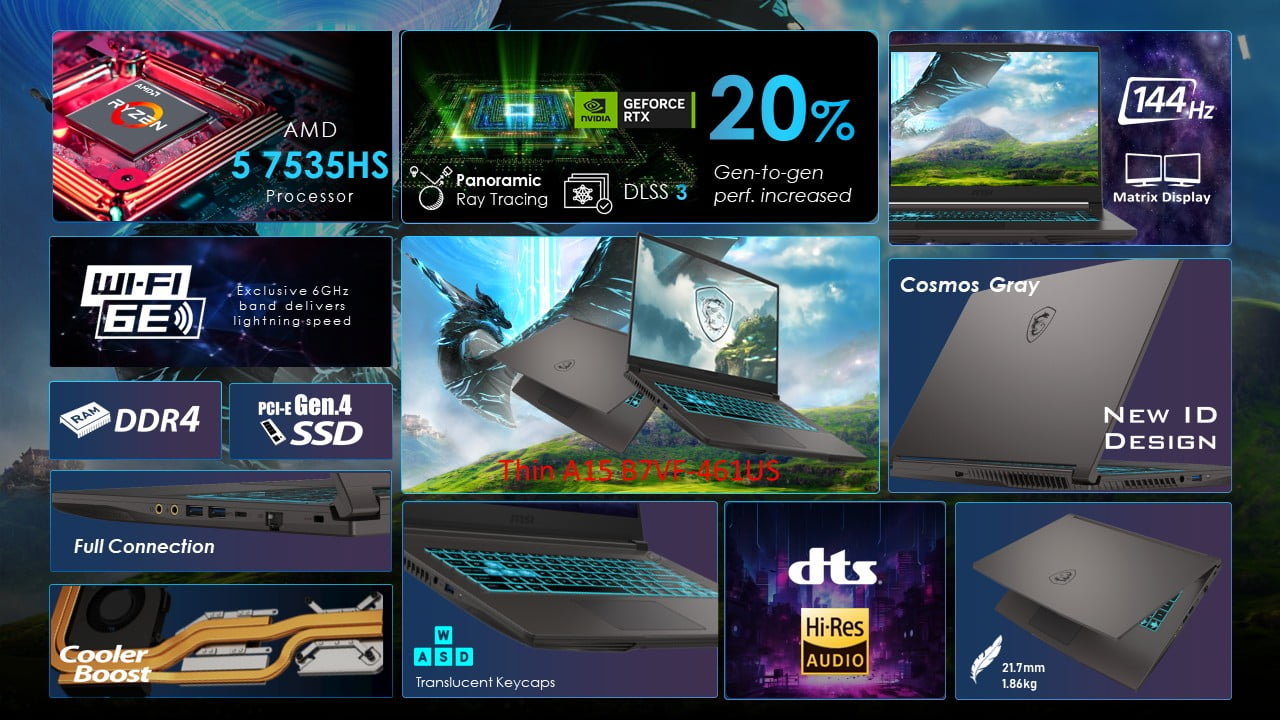 MSI Thin 15 6 inch FHD 144Hz Gaming Laptop AMD Ryzen 5 7535HS NVIDIA GeForce RTX 4060   16GB DDR5 512GB SSD Gray  2025 