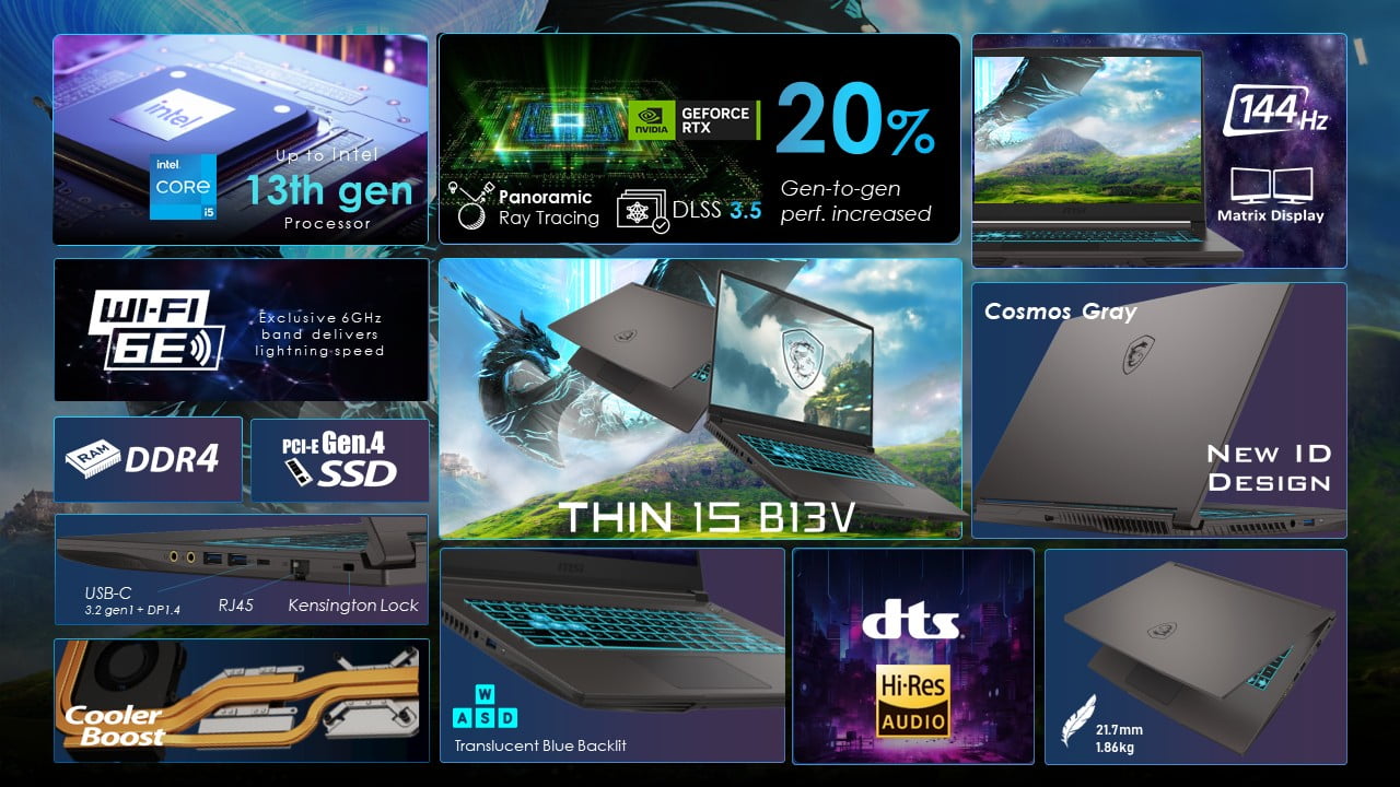 MSI Thin 15 6 inch FHD 144Hz Gaming Laptop Intel Core i5 13420H NVIDIA GeForce RTX 4050   16GB DDR4 512GB SSD Gray  2025 