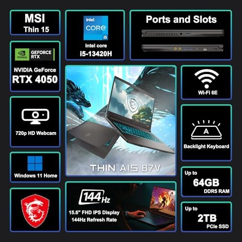 MSI Thin 15 Gaming Laptop 15 6 FHD IPS 144Hz Intel Octa core i5 13420H  Beats i7 12650H  16GB RAM 512GB SSD GeForce RTX 4060 Backlit USB C Win11 w/ICP Hub
