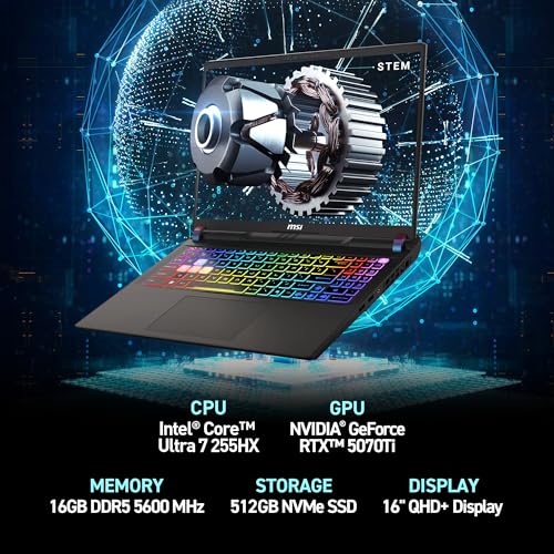 MSI Portátil para juegos Vector 16 HX AI 16" 144Hz FHD+: Intel Core Ultra 7-255HX, NVIDIA Geforce RTX 5070Ti, 16GB DDR5, 512GB NVMe SSD, Thunderbolt 5, Wi-Fi 6E, Win 11 Home: Cosmo Gray A2XWHG-212US