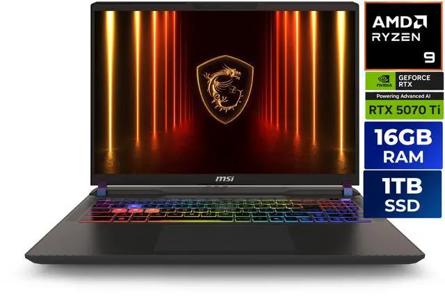 MSI Vector A16   16 0" QHD  240Hz GeForce RTX 5070 Ti Laptop GPU   Ryzen 9 8940HX 2 40 5 30 GHz    16GB DDR5 Memory   1TB SSD   Wi Fi 7 Windows 11 Home Gaming Laptop Vector A16 HX A8WHG 048US  