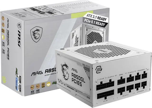 MSI   MAG A850GL PCIE5 WHITE  80  GOLD Fully Modular Gaming PSU  12V 2x6 Cable  ATX 3 1 & PCIE 5 1 Ready  850W Power Supply  10 Year Warranty