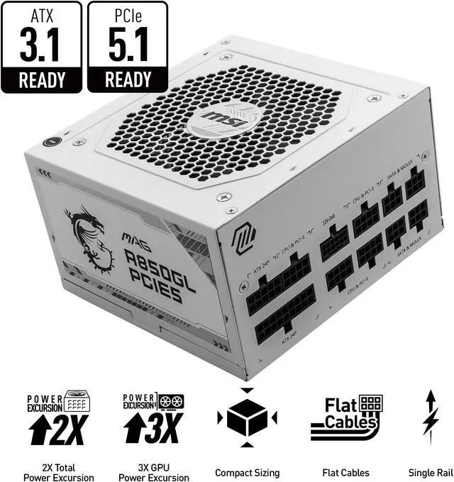 MSI   MAG A850GL PCIE5 WHITE  80  GOLD Fully Modular Gaming PSU  12V 2x6 Cable  ATX 3 1 & PCIE 5 1 Ready  850W Power Supply  10 Year Warranty