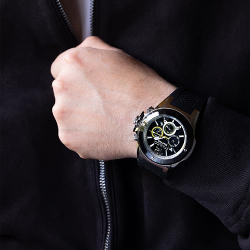 MULCO Watches for Men   Kripton  Silver Stainless Steel Case with Wrist Silicone Band  Quartz Multifunctional Day and Date Movement  Large Face Analog Display   Rose Gold Accents  100m  Waterproof