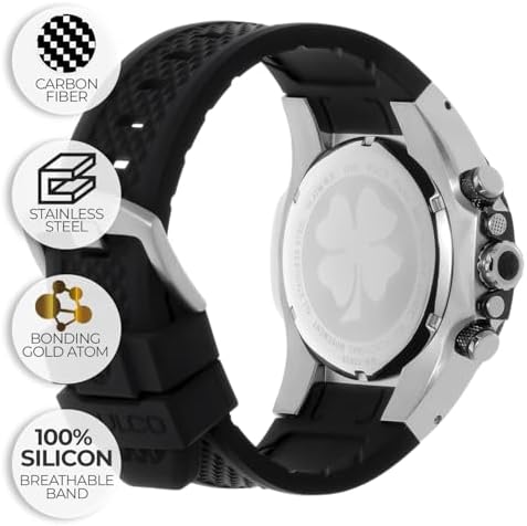 MULCO Watches for Men   Kripton  Silver Stainless Steel Case with Wrist Silicone Band  Quartz Multifunctional Day and Date Movement  Large Face Analog Display   Rose Gold Accents  100m  Waterproof