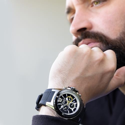 MULCO Watches for Men   Kripton  Silver Stainless Steel Case with Wrist Silicone Band  Quartz Multifunctional Day and Date Movement  Large Face Analog Display   Rose Gold Accents  100m  Waterproof