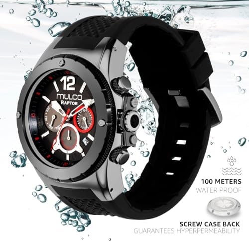 MULCO Watches for Men   Kripton  Silver Stainless Steel Case with Wrist Silicone Band  Quartz Multifunctional Day and Date Movement  Large Face Analog Display   Rose Gold Accents  100m  Waterproof