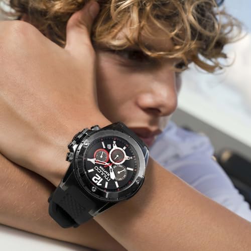 MULCO Watches for Men   Kripton  Silver Stainless Steel Case with Wrist Silicone Band  Quartz Multifunctional Day and Date Movement  Large Face Analog Display   Rose Gold Accents  100m  Waterproof