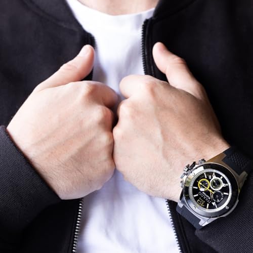 MULCO Watches for Men   Kripton  Silver Stainless Steel Case with Wrist Silicone Band  Quartz Multifunctional Day and Date Movement  Large Face Analog Display   Rose Gold Accents  100m  Waterproof