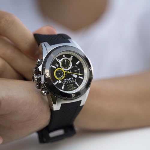 MULCO Watches for Men   Kripton  Silver Stainless Steel Case with Wrist Silicone Band  Quartz Multifunctional Day and Date Movement  Large Face Analog Display   Rose Gold Accents  100m  Waterproof