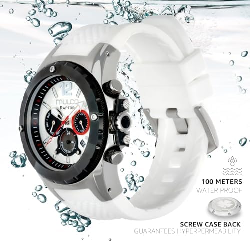 MULCO Watches for Men   Kripton  Silver Stainless Steel Case with Wrist Silicone Band  Quartz Multifunctional Day and Date Movement  Large Face Analog Display   Rose Gold Accents  100m  Waterproof