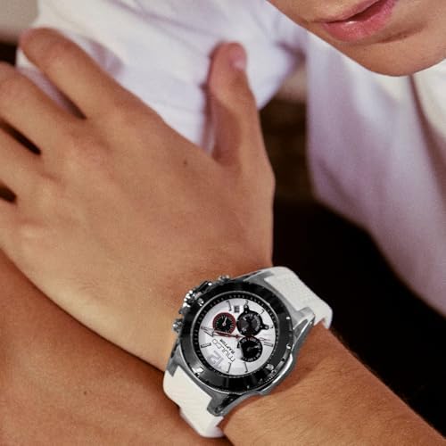 MULCO Watches for Men   Kripton  Silver Stainless Steel Case with Wrist Silicone Band  Quartz Multifunctional Day and Date Movement  Large Face Analog Display   Rose Gold Accents  100m  Waterproof