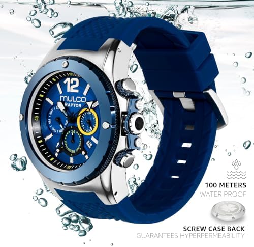 MULCO Watches for Men   Kripton  Silver Stainless Steel Case with Wrist Silicone Band  Quartz Multifunctional Day and Date Movement  Large Face Analog Display   Rose Gold Accents  100m  Waterproof