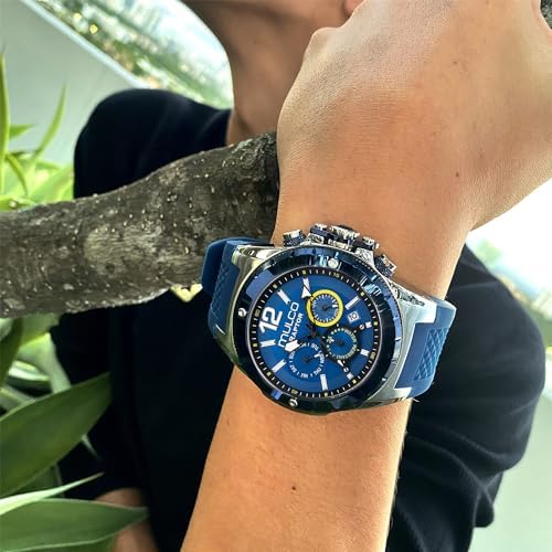 MULCO Watches for Men   Kripton  Silver Stainless Steel Case with Wrist Silicone Band  Quartz Multifunctional Day and Date Movement  Large Face Analog Display   Rose Gold Accents  100m  Waterproof