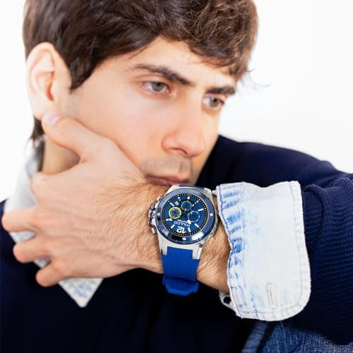 MULCO Watches for Men   Kripton  Silver Stainless Steel Case with Wrist Silicone Band  Quartz Multifunctional Day and Date Movement  Large Face Analog Display   Rose Gold Accents  100m  Waterproof