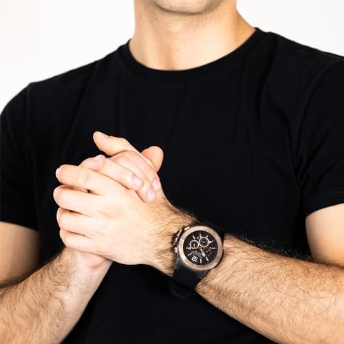 MULCO Watches for Men   Kripton  Silver Stainless Steel Case with Wrist Silicone Band  Quartz Multifunctional Day and Date Movement  Large Face Analog Display   Rose Gold Accents  100m  Waterproof