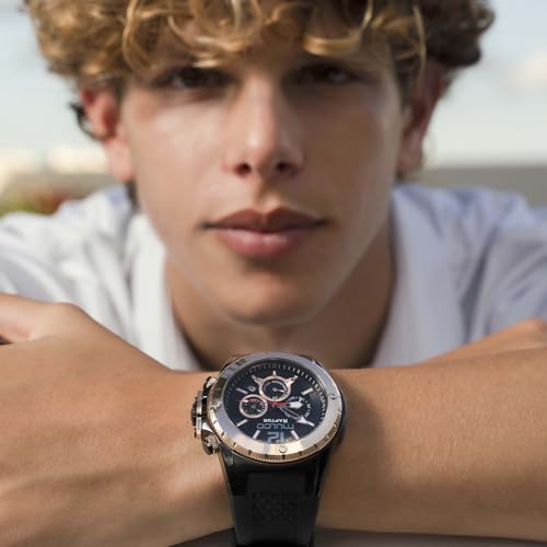 MULCO Watches for Men   Kripton  Silver Stainless Steel Case with Wrist Silicone Band  Quartz Multifunctional Day and Date Movement  Large Face Analog Display   Rose Gold Accents  100m  Waterproof