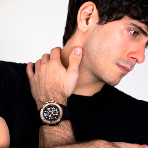 MULCO Watches for Men   Kripton  Silver Stainless Steel Case with Wrist Silicone Band  Quartz Multifunctional Day and Date Movement  Large Face Analog Display   Rose Gold Accents  100m  Waterproof