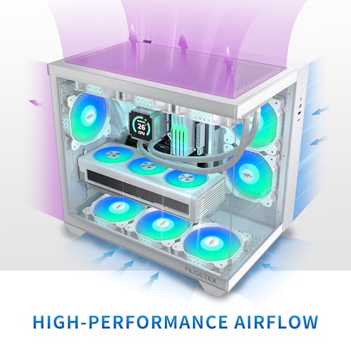MUSETEX ATX PC Case 6 PWM ARGB Fans Pre Installed 360MM RAD Support Type C Gaming PC Case 270 Full View Tempered Glass Mid Tower Pure White ATX Computer Case Y6