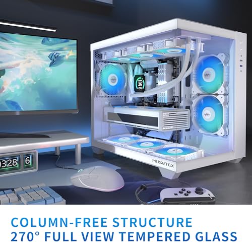 MUSETEX ATX PC Case 6 PWM ARGB Fans Pre Installed 360MM RAD Support Type C Gaming PC Case 270 Full View Tempered Glass Mid Tower Pure White ATX Computer Case Y6