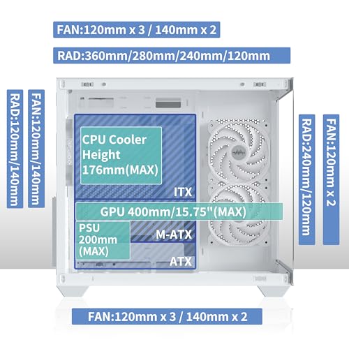 MUSETEX ATX PC Case 6 PWM ARGB Fans Pre Installed 360MM RAD Support Type C Gaming PC Case 270 Full View Tempered Glass Mid Tower Pure White ATX Computer Case Y6