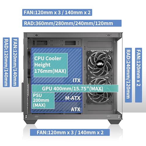 MUSETEX ATX PC Case  3 x 120mm Fans Pre Installed  360MM RAD Support  270  Full View Tempered Glass Gaming PC Case with Type C  Mid Tower ATX Computer Case  Black  Y6