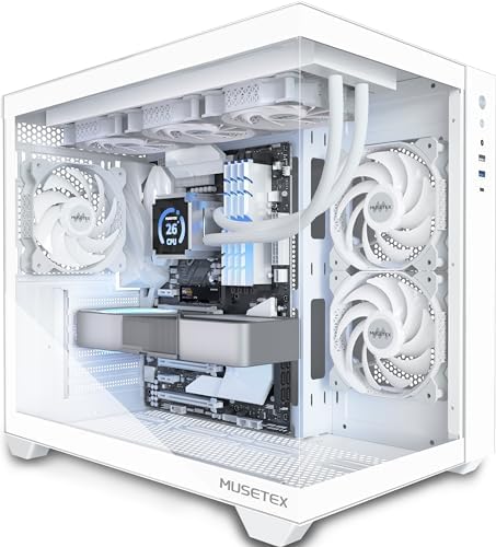 MUSETEX ATX PC Case  360MM RAD Support  3 x 120mm Non ARGB Fans Pre Installed  270  Full View Tempered Glass Gaming PC Case with Type C  Mid Tower ATX Computer Case  White  Y6