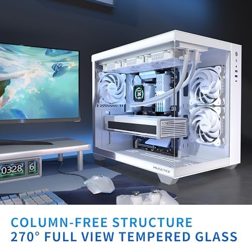 MUSETEX ATX PC Case  360MM RAD Support  3 x 120mm Non ARGB Fans Pre Installed  270  Full View Tempered Glass Gaming PC Case with Type C  Mid Tower ATX Computer Case  White  Y6