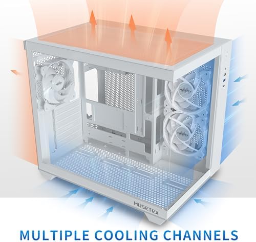 MUSETEX ATX PC Case  360MM RAD Support  3 x 120mm Non ARGB Fans Pre Installed  270  Full View Tempered Glass Gaming PC Case with Type C  Mid Tower ATX Computer Case  White  Y6