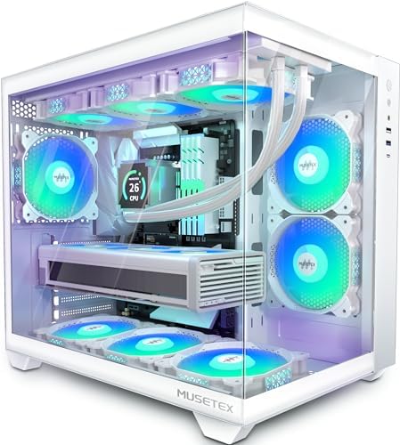MUSETEX ATX PC Case  6 PWM ARGB Fans Pre Installed  360MM RAD Support  Type C Gaming PC Case  270  Full View Tempered Glass Mid Tower  Pure White ATX Computer Case Y6