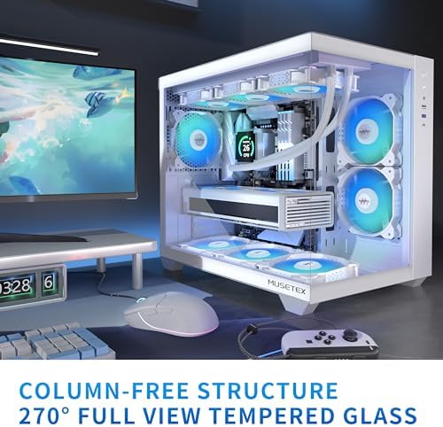MUSETEX ATX PC Case  6 PWM ARGB Fans Pre Installed  360MM RAD Support  Type C Gaming PC Case  270  Full View Tempered Glass Mid Tower  Pure White ATX Computer Case Y6