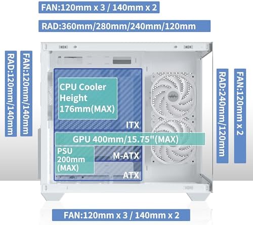 MUSETEX ATX PC Case  6 PWM ARGB Fans Pre Installed  360MM RAD Support  Type C Gaming PC Case  270  Full View Tempered Glass Mid Tower  Pure White ATX Computer Case Y6