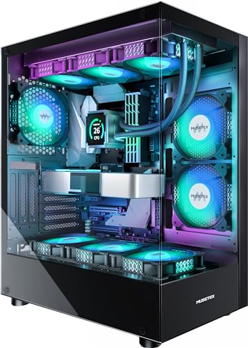 MUSETEX PC CASE ATX 6 PWM ARGB Fans Pre Installed  Type C Mid Tower Computer Case with Full View Dual Tempered Glass  Gaming PC Case Black K2
