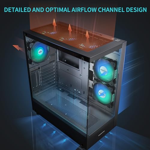 MUSETEX PC CASE ATX 6 PWM ARGB Fans Pre Installed  Type C Mid Tower Computer Case with Full View Dual Tempered Glass  Gaming PC Case Black K2
