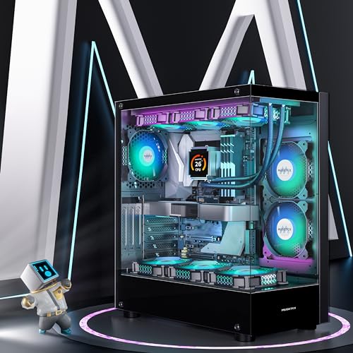 MUSETEX PC CASE ATX 6 PWM ARGB Fans Pre Installed  Type C Mid Tower Computer Case with Full View Dual Tempered Glass  Gaming PC Case Black K2