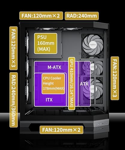 MUSETEX PC Case  Vertical GPU Mounting Design  Pre Installed 5 PWM ARGB Fans  360MM RAD Support  ATX Mid Tower Gaming PC Case with Type C  270  Full View Tempered Glass  Black GR3 