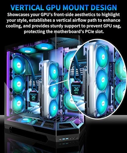 MUSETEX PC Case  Vertical GPU Mounting Design  Pre Installed 5 PWM ARGB Fans  360MM RAD Support  ATX Mid Tower Gaming PC Case with Type C  270  Full View Tempered Glass  Black GR3 