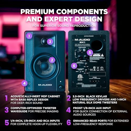 M AUDIO BX3 Pair 3 5 Studio Monitors  HD PC Speakers for Recording and Multimedia with Music Production Software