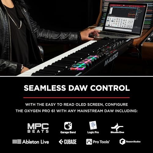 M AUDIO Oxygen Pro 61 Key USB MIDI Keyboard Controller With Beat Pads  MIDI assignable Knobs  Buttons and Faders  and Native Instruments Sound Package  NKS Integration 