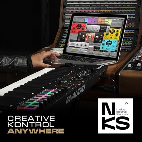 M AUDIO Oxygen Pro 61 Key USB MIDI Keyboard Controller With Beat Pads  MIDI assignable Knobs  Buttons and Faders  and Native Instruments Sound Package  NKS Integration 