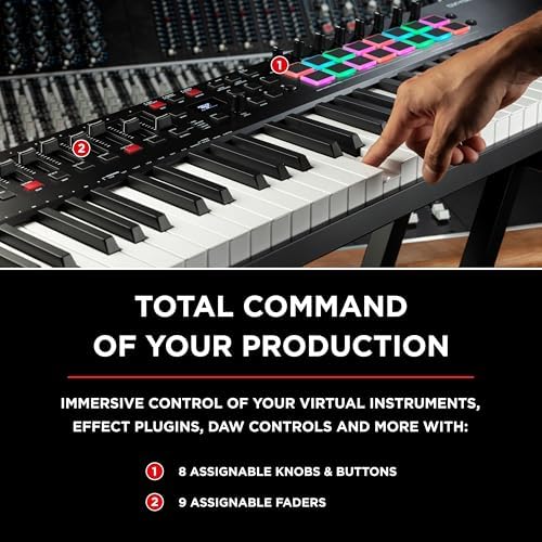 M AUDIO Oxygen Pro 61 Key USB MIDI Keyboard Controller With Beat Pads  MIDI assignable Knobs  Buttons and Faders  and Native Instruments Sound Package  NKS Integration 