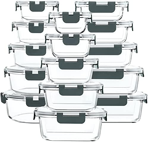 M MCIRCO 30 Pieces Glass Food Storage Containers with Snap Locking Lids Glass Meal Prep Containers Set   Airtight Lunch Containers  Microwave  Oven  Freezer and Dishwasher