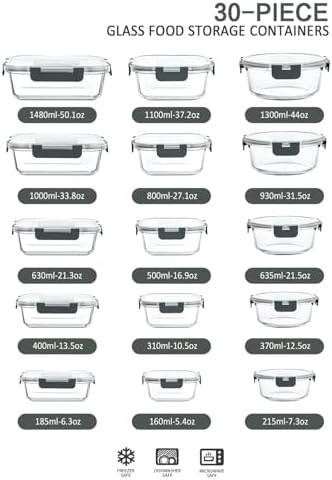 M MCIRCO 30 Pieces Glass Food Storage Containers with Snap Locking Lids Glass Meal Prep Containers Set   Airtight Lunch Containers  Microwave  Oven  Freezer and Dishwasher