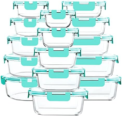 M MCIRCO 30 Pieces Glass Food Storage Containers with Snap Locking Lids Glass Meal Prep Containers Set   Airtight Lunch Containers  Microwave  Oven  Freezer and Dishwasher