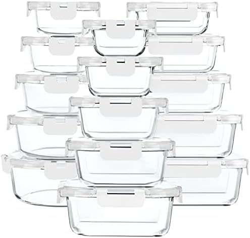 M MCIRCO 30 Pieces Glass Food Storage Containers with Snap Locking Lids Glass Meal Prep Containers Set   Airtight Lunch Containers  Microwave  Oven  Freezer and Dishwasher
