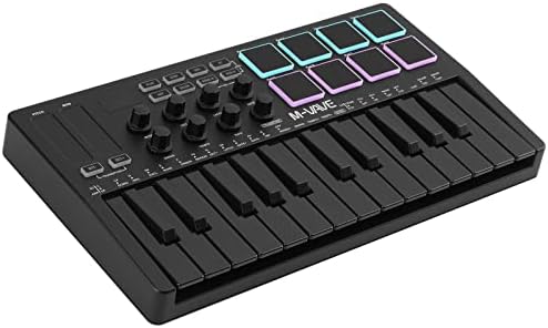 M VAVE 25 Key USB MIDI Keyboard Controller With 8 Backlit Drum Pads  Bluetooth Semi Weighted Professional dynamic keybed 8 Knobs and Music Production Software Included  Black