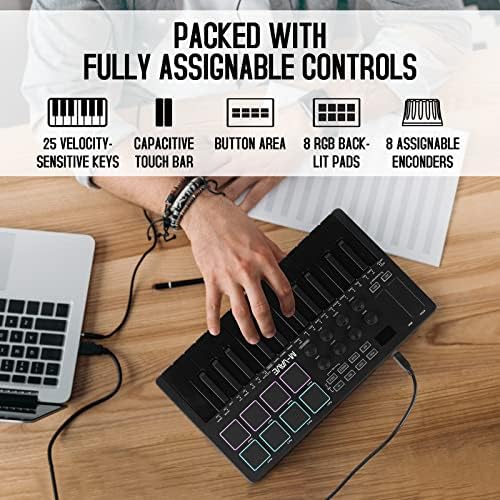 M VAVE 25 Key USB MIDI Keyboard Controller With 8 Backlit Drum Pads  Bluetooth Semi Weighted Professional dynamic keybed 8 Knobs and Music Production Software Included  Black