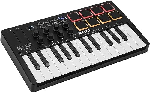 M VAVE 25 Key USB MIDI Keyboard Controller With 8 Backlit Drum Pads  Bluetooth Semi Weighted Professional dynamic keybed 8 Knobs and Music Production Software Included  Black