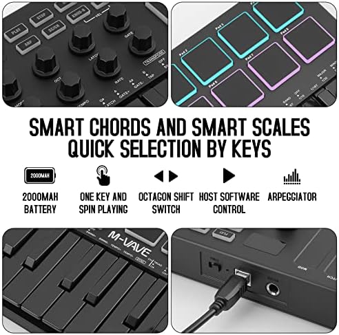 M VAVE 25 Key USB MIDI Keyboard Controller With 8 Backlit Drum Pads  Bluetooth Semi Weighted Professional dynamic keybed 8 Knobs and Music Production Software Included  Black