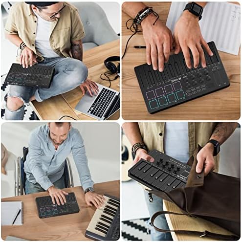M VAVE 25 Key USB MIDI Keyboard Controller With 8 Backlit Drum Pads  Bluetooth Semi Weighted Professional dynamic keybed 8 Knobs and Music Production Software Included  Black
